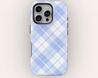 Blue Gingham Plaid Phone Case, Minimalist Checkered Pattern Phone Case, iPhone 17 16 15 14 13 12 11 Pro Max, Samsung S25 S24 S23 S22 Ultra