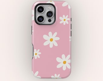 ヴィンテージピンクのデイジースマホケース：ミニマリストな花柄