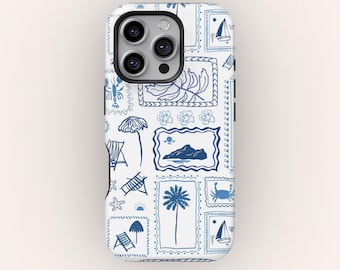 Blue & White Mediterranean Stamps, Summer Italian Travel Aesthetic, Cute Coastal Coquette Phone Cases, iPhone 16 15 Pro Max XS, Samsung S25