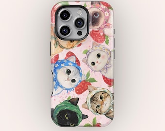 Strawberry Kawaii Cat Phone Case for iPhone 17 16 15 14 13 12 11 Pro Max, Cute Floral Cover for Samsung Galaxy S25 S24 S23 S22 S21 Ultra