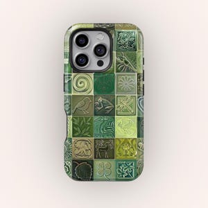 モザイクタイル柄のスマホケース、ボヘミアンレトロY2K90年代ヒッピー柄カバー、iPhone 17 16 15 14 13 12 11 + Magsafe、Samsung S26対応、おしゃれなギフト