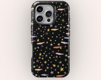 Funda para teléfono con adorables criaturas marinas, diseño de estrellas de pez dibujado a mano para iPhone 16, 15, 14 y 13 Pro Max, diseño minimalista de océano oscuro para Samsung S25, S24 y S23
