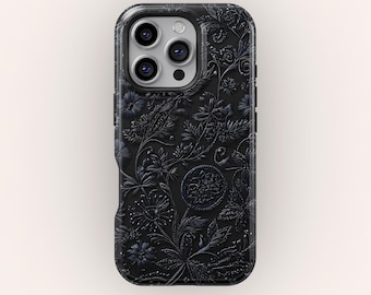 Black Embossed Floral Phone Case for iPhone 17 16 15 14 13 Pro Max, Samsung S25 S24 S23 Ultra, Vintage Tooled Leather Botanical Pattern Case