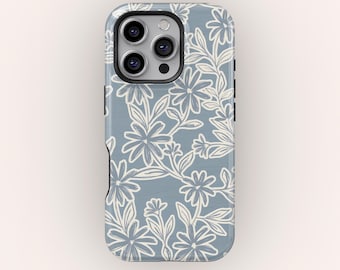 Minimalist Blue Floral Phone Case for iPhone 17 16 15 14 13 12 11 Pro Max, Elegant Botanical Cover for Samsung Galaxy S25 S24 S23 S22 Ultra