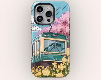 Kawaii Anime iPhone Case, Cherry Blossom, Green Train Design for iPhone 17 16 15 14 13 12 11 Pro Max,  Samsung S25 S24 S23 S22 S21 Ultra