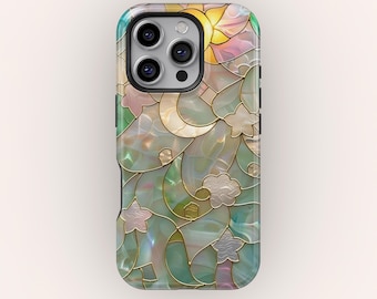 Moon and Sun Stained Glass Vintage Aesthetic Phone Case for iPhone 17 16 15 14 13 Pro Max, Celestial Protective Cover for Samsung Galaxy S26