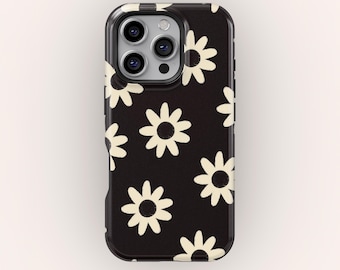 Funda retro con diseño floral en blanco y negro para iPhone 17, 16, 15, 14 y 13 Pro Max, Samsung S25, S24, S23, S22 y S21. Funda femenina, regalo único.