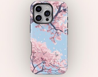 Kawaii iPhone-hoesje kersenbloesem - pastelblauwe en roze bloemen voor iPhone 17 16 15 14 13 12 11 Pro Max, Samsung S25 S24 S23 S22 S21 Ultra