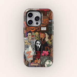 May include: A phone case with a Halloween-themed collage design. The case features images of Michael Myers, a skull, a pumpkin, and the Scream mask. The words "Trick or Treat", "Friday the 13th", and "Horror" are also visible.