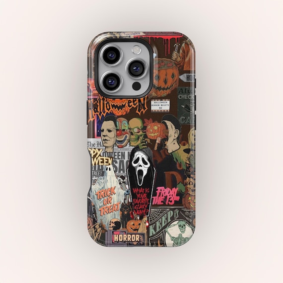 Retro Horror Halloween Phone Case, Ghostface & Pumpkin Art, Trendy Hard Phone Cover for iPhone 17 16 15 14 13 12 11 Pro Max, Samsung S25 S24