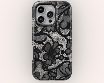Black Lace Bride Pattern Stockings phone case, Elegant Floral Lace Pattern Phone Cover, iPhone 17 16 15 14 13 12 11 Pro Max, Samsung S25 S24