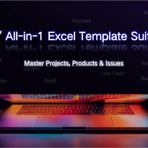 以下が含まれることがあります： 暗い画面に「All-in-1 Excel Template Suite」というテキストが青いネオン文字で表示されているラップトップコンピューター。 「Master Projects, Products & Issues」というテキストも青いネオン文字で表示されています。 ラップトップは開いており、キーボードが見えます。 背景は黒です。