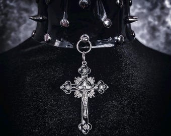 Gothic Faux Leather Crucifix Choker: Handmade Punk Collar