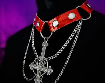 Baphomet Vegan Leather Choker: Inverted Cross Gothic Neckpiece