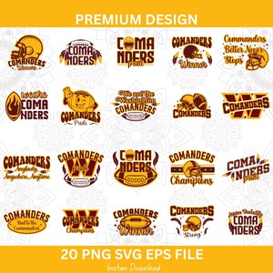 以下が含まれることがあります： 「Commanders」の文字とフットボール関連のグラフィックを特徴とする20のデジタルデザインのコレクション。デザインには、ヘルメット、フットボール、および「Pride」や「Champions」などのテキストバリエーションが含まれます。デザインはゴールドとバーガンディの色合いです。