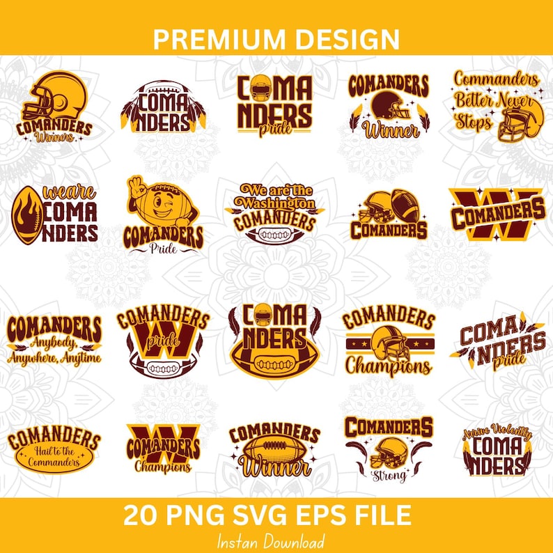 以下が含まれることがあります： 「Commanders」の文字とフットボール関連のグラフィックを特徴とする20のデジタルデザインのコレクション。デザインには、ヘルメット、フットボール、および「Pride」や「Champions」などのテキストバリエーションが含まれます。デザインはゴールドとバーガンディの色合いです。