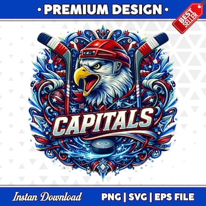 Op de afbeelding: Een gedetailleerde illustratie met een Amerikaanse zeearend met een rode hockeyhelm, hockeysticks en een puck. Het woord "CAPITALS" staat prominent afgebeeld. Het ontwerp bevat rode, witte en blauwe elementen, met de tekst "PREMIUM DESIGN" en "BEST SELLER".
