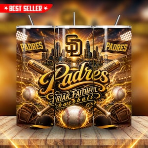 May include: A cylindrical tumbler featuring a San Diego Padres baseball theme with a city skyline, stadium lights, crossed wooden bats, baseballs, and gloves. The design includes the text Padres, SD logo, and Friar Faithful baseball in gold.