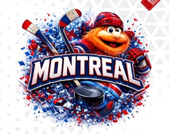Puede incluir: Un diseño gráfico vibrante con una mascota de dibujos animados con uniforme de hockey, palos de hockey y un disco. La palabra "MONTREAL" se muestra en negrita. El diseño utiliza colores rojo, blanco y azul, con el texto "Premium Design" y "Best Seller".