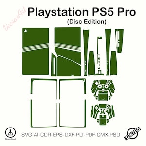 Pode incluir: Um conjunto de modelos digitais para uma consola Playstation PS5 Pro Disc Edition e comandos em verde azeitona. O layout inclui várias formas recortadas para os painéis da consola e capas dos comandos, com o texto Playstation PS5 Pro (Disc Edition), VecrasArt, Download e SVG-AI-CDR-EPS-DXF-PLT-PDF-CMX-PSD TESTED.