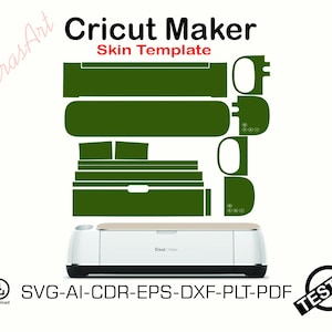 以下が含まれることがあります： ベージュのトップが付いた白いCricut Makerマシンと、緑色のスキンテンプレート。テンプレートには、さまざまな切り抜きの形が含まれています。画像には「Cricut Maker Skin Template」と「SVG-AI-CDR-EPS-DXF-PLT-PDF」と書かれています。