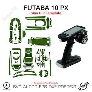 May include: A digital skin cut template for a Futaba 10 PX radio controller, featuring olive green vector shapes for device customisation. The image displays the Futaba 10 PX transmitter and lists available file formats: SVG, AI, CDR, EPS, DXF, PDF, and TEXT.