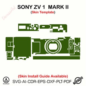 Könnte beinhalten: Grüne Skin-Vorlage für eine Sony ZV 1 Mark II Kamera. Die Vorlage zeigt Ausschnitte für das Kameragehäuse, den Bildschirm und andere Komponenten. Der Text enthält "SONY ZV 1 MARK II (Skin Template)" und "(Skin Install Guide Available)".