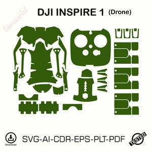 以下が含まれることがあります： DJI INSPIRE 1ドローン用のデジタルベクターファイルセット。オリーブグリーンのステッカー用カットアウト形状が配置されています。テキストは「DJI INSPIRE 1 (Drone)」および「SVG-AI-CDR-EPS-PLT-PDF」と記載。ダウンロードアイコンと円形の「TESTED」スタンプが含まれています。