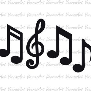 May include: Black and white musical notes and a treble clef. The notes are in a simple, stylized design.