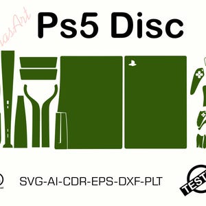 Puede incluir: Recortes de vinilo verde para un disco PS5, que incluyen paneles de consola, máscaras de controlador y una máscara remota. El diseño incluye el texto "Ps5 Disc" e información del tipo de archivo. También hay un sello "Probado".