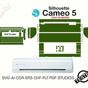 Könnte beinhalten: Eine weiße Silhouette Cameo 5 Schneidemaschine mit Rollenzufuhr und grünem Skin-Template-Design. Das Bild enthält den Text "Silhouette Cameo 5 (Skin-Vorlage)" und Dateitypinformationen. Ein "Getestet"-Stempel ist ebenfalls vorhanden.