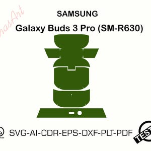 May include: A green graphic of a Samsung Galaxy Buds 3 Pro (SM-R630) case and earbuds. The image includes the text "SAMSUNG" and "Galaxy Buds 3 Pro (SM-R630)". The image also includes the text "SVG-AI-CDR-EPS-DXF-PLT-PDF" and "TESTED".