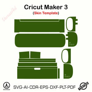Peut inclure: Un modèle de skin numérique pour une machine Cricut Maker 3, présenté sous forme de mise en page vectorielle vert olive. Le design comprend divers panneaux rectangulaires et incurvés destinés à être appliqués sur les surfaces.