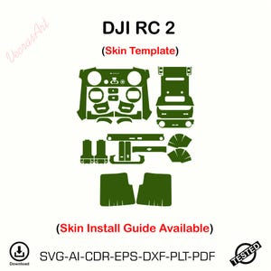 Pode incluir: Modelo de pele verde para DJI RC 2, com formas recortadas para os componentes do dispositivo. O texto inclui "DJI RC 2", "Skin Template" e "Skin Install Guide Available". Formatos de arquivo: SVG, AI, CDR, EPS, DXF, PLT, PDF.