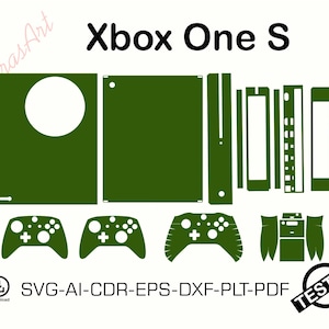 May include: Green Xbox One S console skin template with controller outlines. Includes various cutouts for the console and controllers. The image also includes the text "Xbox One S", "SVG-AI-CDR-EPS-DXF-PLT-PDF", and "TESTED".