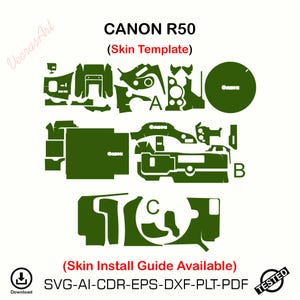 以下が含まれることがあります： Canon R50 カメラ用の緑色のスキンテンプレート。A、B、Cとマークされた切り抜き形状があります。「CANON R50 (Skin Template)」というテキストと、SVG-AI-CDR-EPS-DXF-PLT-PDFのファイル形式オプションが表示されています。