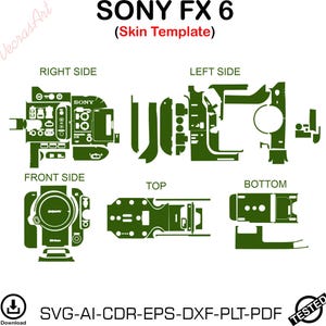 Può includere: Un modello di skin digitale verde per fotocamera Sony FX 6, con ritagli per il lato destro, lato sinistro, parte anteriore, parte superiore e parte inferiore. Il testo SONY FX 6 (Skin Template) e SVG-AI-CDR-EPS-DXF-PLT-PDF è chiaramente visibile.