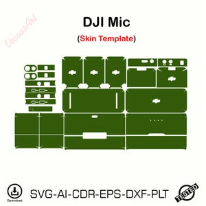 以下が含まれることがあります： DJI Micシステム用のデジタルスキンテンプレート。白い背景に様々なオリーブグリーンの型抜き形状が配置されています。上部にDJI Mic (Skin Template)の文字があり、下部にSVG-AI-CDR-EPS-DXF-PLTと記載されています。