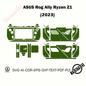 Könnte beinhalten: Grüne digitale Schnittdateien für das ASUS Rog Ally Ryzen Z1 (2023) Gaming-Gerät. Enthält verschiedene Komponenten und den Text "SVG-AI-CDR-EPS-DXF-TEXT-PDF-PLT" und "TESTED".