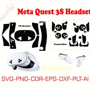 Puede incluir: Auriculares y controladores VR Meta Quest 3S blancos, con diseños recortados en negro para personalización. La imagen incluye el texto "Meta Quest 3S Headset", "VR Headset", "Controller" y formatos de archivo.