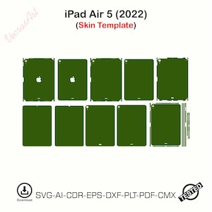 Pode incluir: Um modelo de skin digital para iPad Air 5 (2022) com recortes adesivos verde-oliva para várias superfícies do dispositivo. O layout inclui várias formas retangulares com aberturas precisas para câmera e portas, rotulado com o texto iPad Air 5 (2022) Skin Template e SVG-AI-CDR-EPS-DXF-PLT-PDF-CMX.