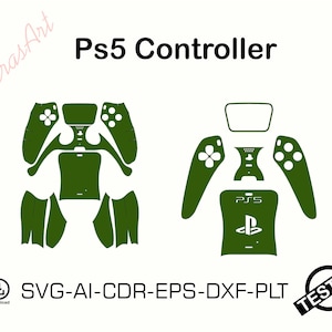 May include: Green PS5 controller skin template with the text "Ps5 Controller". The image shows the controller's components, including the touchpad, buttons, and handles. The image also includes the text "SVG-AI-CDR-EPS-DXF-PLT" and "TESTED".