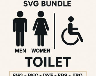 May include: Black and white restroom sign with icons for men, women, and accessible restrooms. The sign reads "RESTROOM SIGN SVG BUNDLE" and "TOILET".