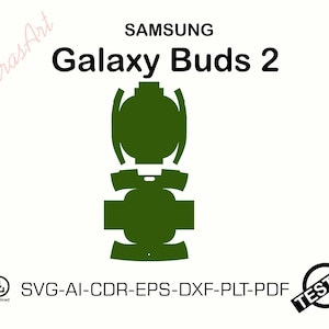 Puede incluir: Un gráfico verde de los Samsung Galaxy Buds 2 sobre un fondo blanco. La imagen incluye el texto "SAMSUNG Galaxy Buds 2" y opciones de tipo de archivo: SVG-AI-CDR-EPS-DXF-PLT-PDF. También hay un sello "PROBADO".