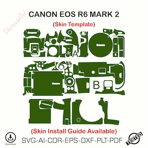 May include: A green skin template for a Canon EOS R6 Mark 2 camera. The template is composed of various cut-out shapes, including the camera body, buttons, and other components. The text "CANON EOS R6 MARK 2" and "(Skin Template)" are visible. The image also includes file format options.