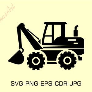 May include: Black silhouette of a front loader excavator with a bucket. The excavator is on a light yellow background.