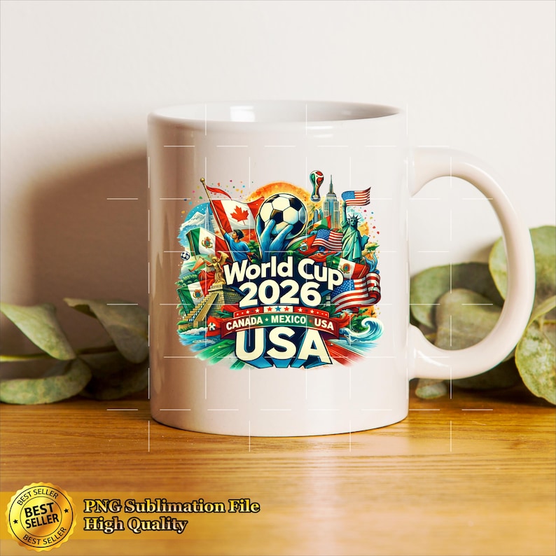 May include: White ceramic mug featuring a colorful design for the 2026 World Cup, with flags of Canada, Mexico, and the USA. The design includes a soccer ball, the Statue of Liberty, and the text "World Cup 2026 USA".