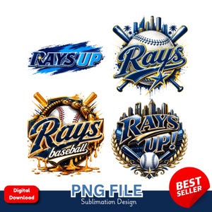 Puede incluir: Cuatro diseños gráficos con temática de béisbol que incluyen el texto Rays Up y Rays Baseball. Las ilustraciones muestran pelotas de béisbol, bates cruzados, horizontes urbanos y detalles dorados para impresión por sublimación.