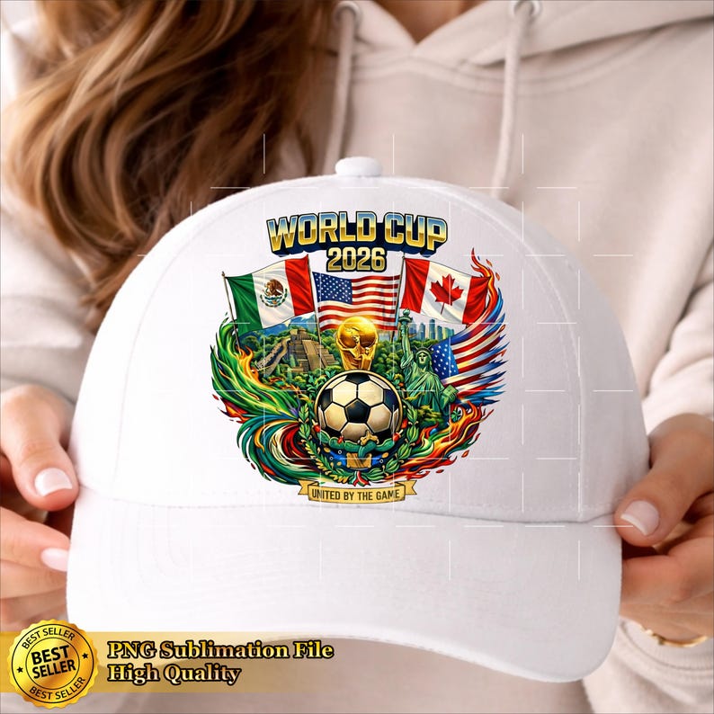 May include: White baseball cap featuring a colorful graphic for the 2026 World Cup. The design includes flags of Mexico, the United States, and Canada, a soccer ball, and the text "WORLD CUP 2026". The phrase "UNITED BY THE GAME" is also present.