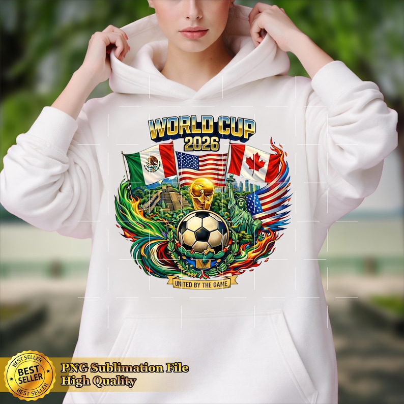 May include: White hoodie featuring a colorful graphic for the 2026 World Cup. The design includes a soccer ball, flags of Mexico, the United States, and Canada, and the text "WORLD CUP 2026". The phrase "UNITED BY THE GAME" is also present.